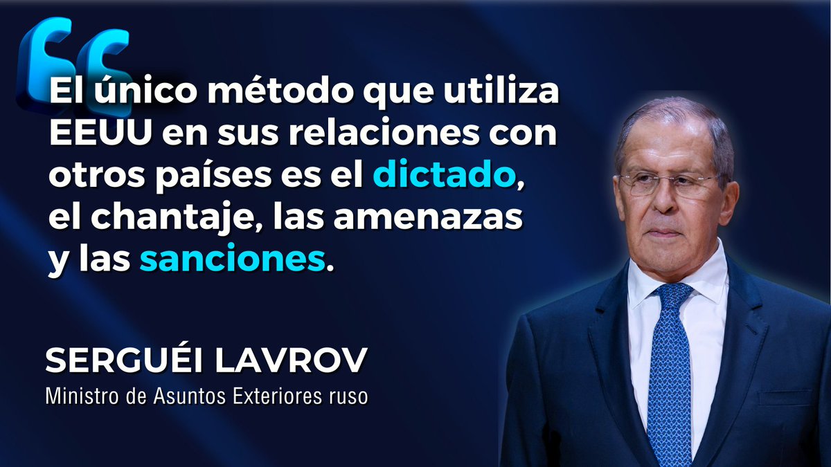 mae_rusia's tweet photo. 💬 Canciller Serguéi Lavrov: Reafirmamos nuestra plena solidaridad con #Cuba en cuanto a la necesidad de contrarrestar los intentos de EEUU y de todo Occidente de imponer su dominio en el escenario mundial mediante métodos sucios.

🔗 https://t.co/ZHpKwDLjXO https://t.co/JWxU1wTfhA