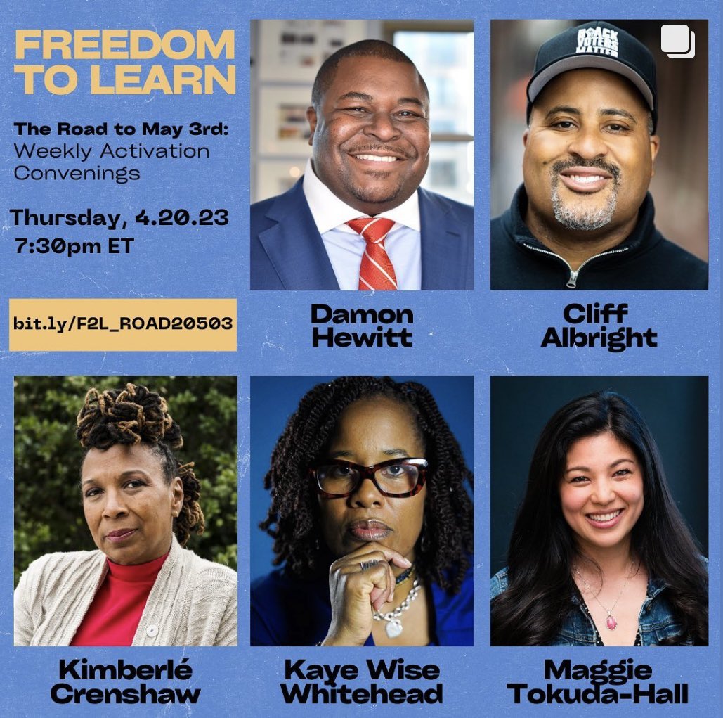 nwsa's tweet photo. TONIGHT: Join Damon Hewitt, Kimberle Crenshaw, Kaye Wise Whitehead, Maggie Tokuda-Hall, and Cliff Albright for the fourth activation convening of our Road to May 3rd: Weekly Activation Convenings on April 20, 2023 at 7:30 pm ET  
https://t.co/6ePv0QMGXd https://t.co/cTu6PW3uC1