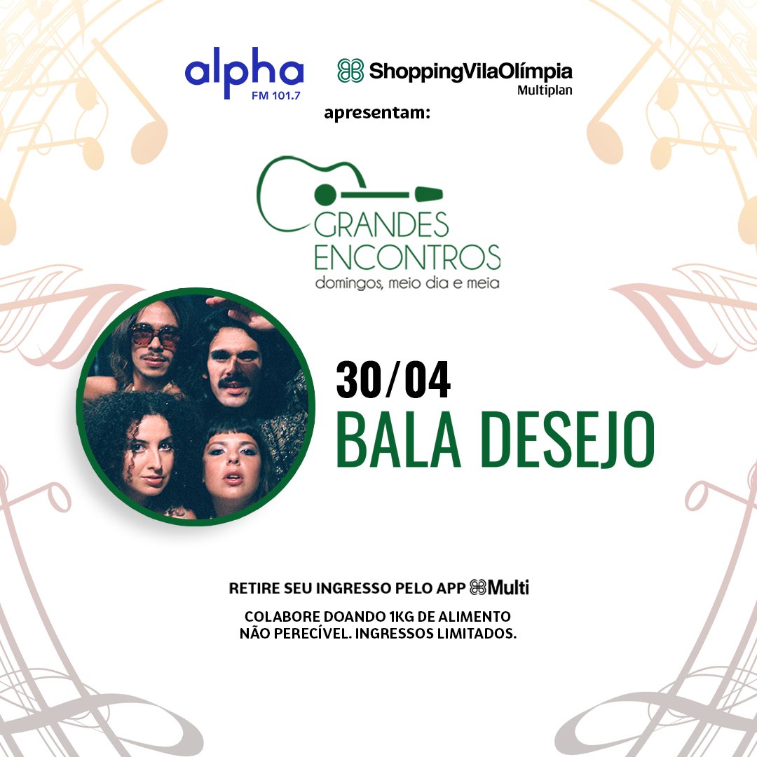 scvilaolimpia's tweet photo. #GrandesEncontros volta ao #ShoppingVilaOlimpia no dia 30/04, com @BalaDesejo e @alphafmoficial!
Evento gratuito, retire seu ingresso no #AppMulti: https://t.co/3UncwaPjao.
Colabore doando 1kg de alimento não perecível.
#BalaDesejo #Musica #AlphaFM #EunoSVO https://t.co/X2BBjFv8M2