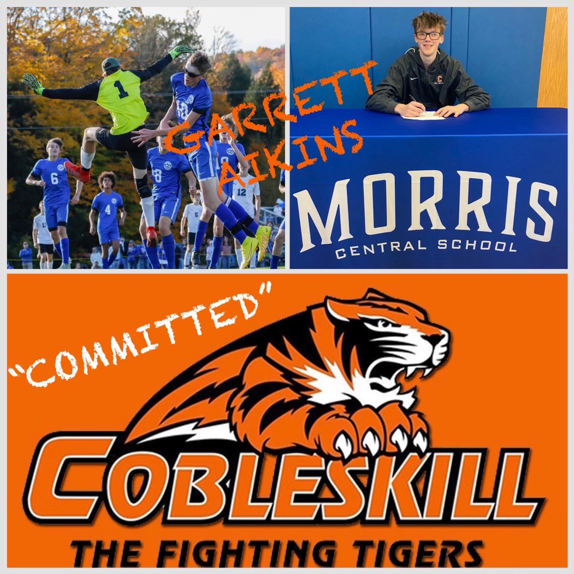Congrats to <a href="/Garrettaikins10/">Garrett</a> of <a href="/morris_mustangs/">Morris Mustangs</a> on his commitment to <a href="/CobyMSoccer/">Cobleskill Men’s Soccer</a>. He’s been a key piece to the recent success of several teams at MCS &amp; will be missed here! Garrett will study Business with a minor in Sport Rec Management. Good luck!
