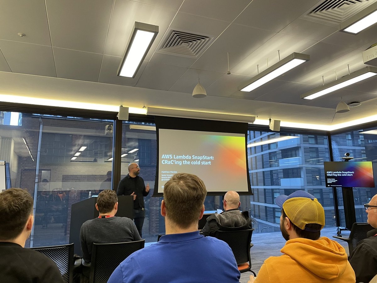 Great talks this evening from @mmeckes and @AllenHeltonDev at the #serverless London Meetup! Thanks @awscloud for hosting 🚀🚀 #cloudcomputing #aws
