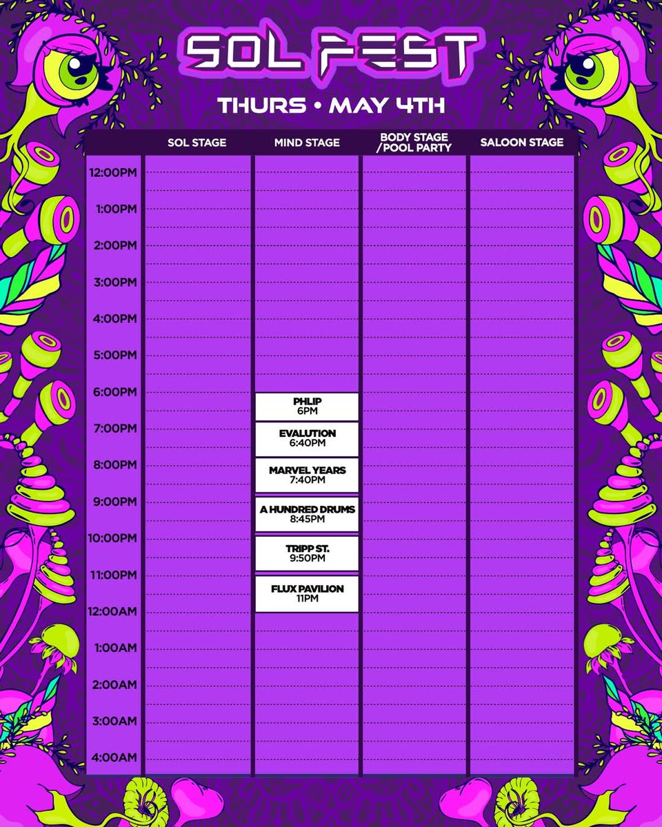 These #SolFest23 daily schedules are killer and there are NO OVERLAPPING SETS! 🤯

Check them out and grab your tickets now before prices increase tomorrow! 👀

bit.ly/solfesttix
