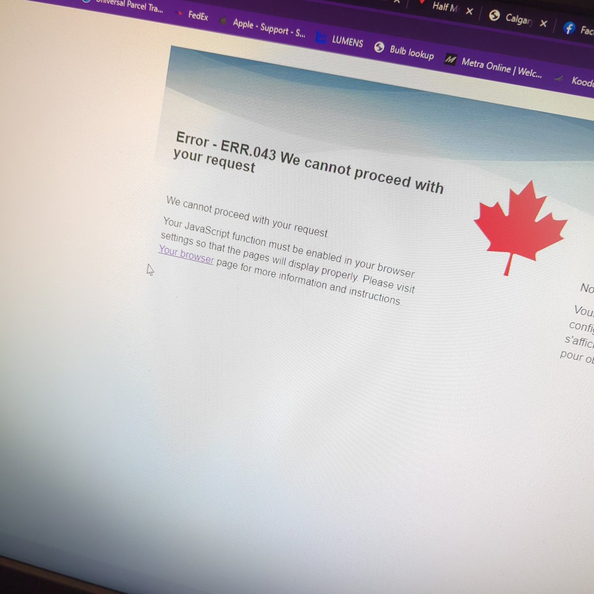 JavaScript has not been a thing for three years now.  Pretty sure we are being trolled by the <a href="/CanRevAgency/">Canada Revenue Agency</a> sysadmins on strike. #psacstrike #badforbusiness #getitsettled
