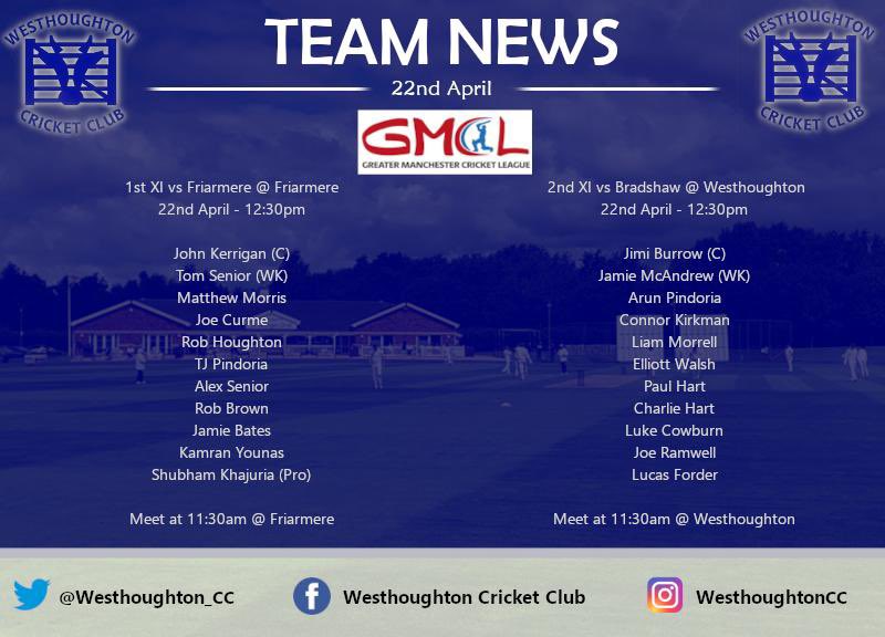 Westhoughton_CC's tweet photo. Teamsheets are in for our Saturday games 

1sts away at Friarmere - 12:30 start
2nds home to Bradshaw - 12:30 start

🏏🏏 https://t.co/JzSfZWhra3