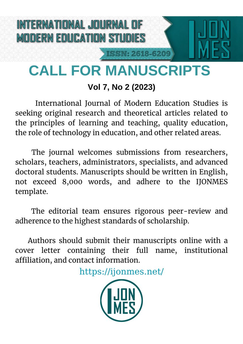 📢 CALL FOR MANUSCRIPTS! 📝 Submit your original research and theoretical articles related to educational sciences to the International Journal of Modern Education Studies (IJONMES). Peer-reviewed, open-access, and dedicated to advancing education. #education #research #IJONMES