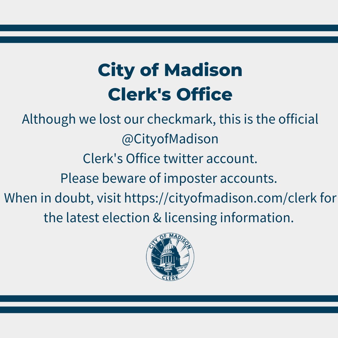 MadisonWIClerk's tweet photo. Although we lost our checkmark, this is the official @CityofMadison Clerk's Office twitter account.
Please beware of imposter accounts.
When in doubt, visit https://t.co/HoG9woDkGY for the latest election & licensing information.
#MadisonVotes #TrustedInformation https://t.co/C7YDf1JWve