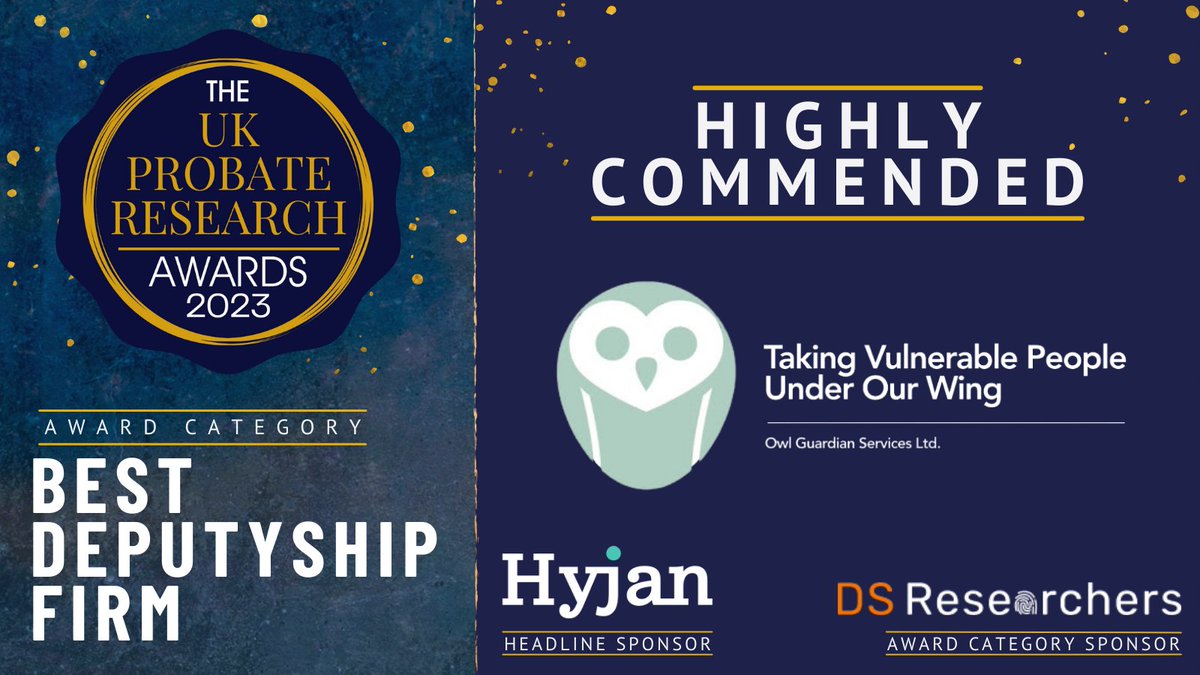 AwardsProbate's tweet photo. Big congrats to Owl Guardian Services for achieving Highly Commended for 'Best Deputyship Firm' tonight!π π
#PRA2023 #Probies2023 https://t.co/ZCU1tKv6dA