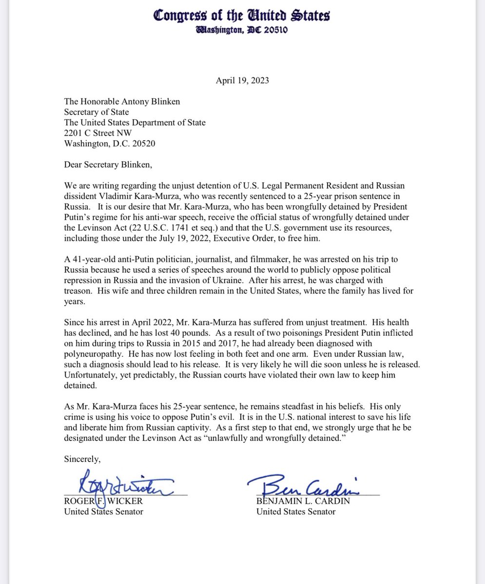 Billbrowder's tweet photo. BREAKING: @SenatorWicker and more than 70 US Senators and representatives signed a letter to @SecBlinken calling for the U.S. government to grant Vladimir Kara-Murza the legal status of “wrongfully detained” so the U.S. can use all resources to free him. https://t.co/rvxSNdclAg