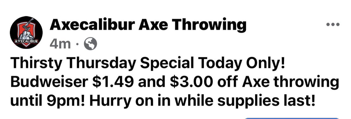 Axecalibur2022's tweet photo. First time we have ever ran a one night only special! https://t.co/vTJr95EXNy