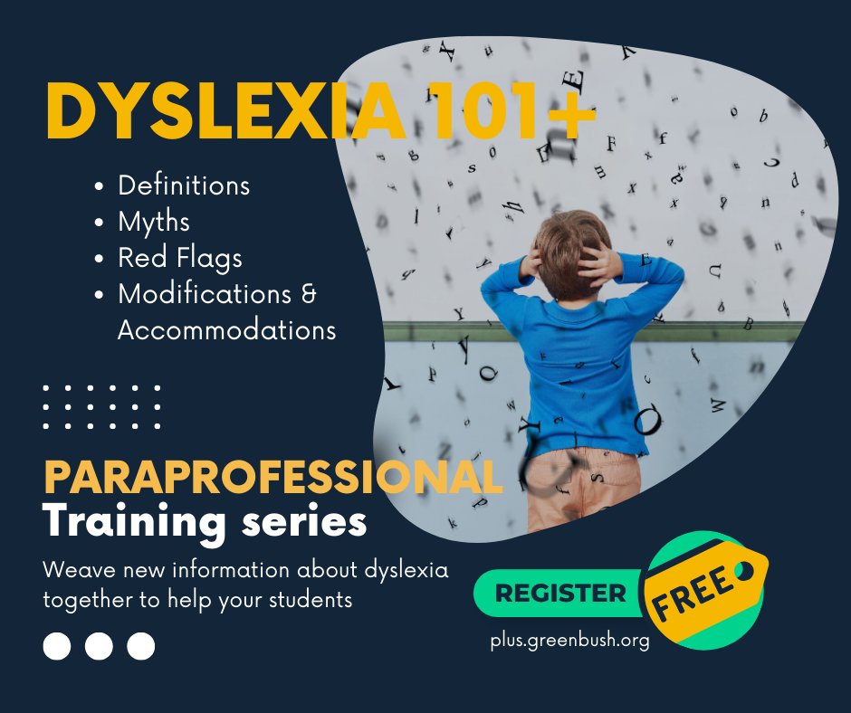 GreenbushESC's tweet photo. FREE Paraprofessional Training Series - Dyslexia 101
Understanding dyslexia will give you more insight into helping your students.  Learn more in this FREE module in the Paraprofessional Training Series at https://t.co/3o1YfzpDeW or get more information at https://t.co/Slh5iXGCaH https://t.co/0XYIHCpuYd