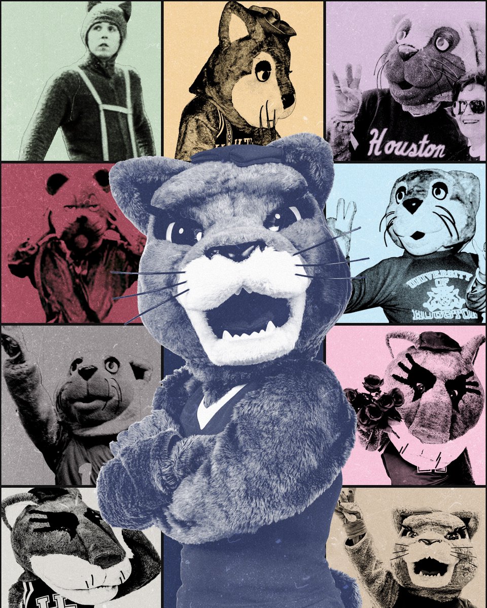 UH mascots on a poster that is stylized like Taylor Swift's The Eras Tour poster with colored squares that include photos of different generations of the UH mascots.