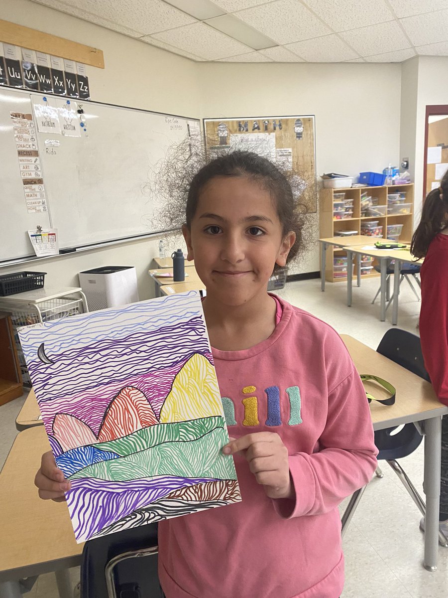 MsTiaVan's tweet photo. Room 15 has been exploring the 7 elements of art. Today we learned about different lines and the impact they can have. We created line landscapes to show our knowledge. We finished with a gallery walk and gave each artist a compliment! @lavalleeLRSD https://t.co/6xa5SL3Ybk