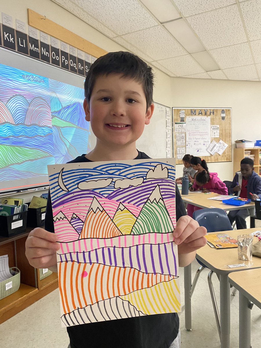 MsTiaVan's tweet photo. Room 15 has been exploring the 7 elements of art. Today we learned about different lines and the impact they can have. We created line landscapes to show our knowledge. We finished with a gallery walk and gave each artist a compliment! @lavalleeLRSD https://t.co/6xa5SL3Ybk