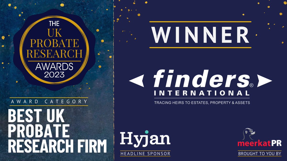 AwardsProbate's tweet photo. Woohoo! The 'Best UK Probate Research Firm' goes to @findersprobate - Simply Superb news!
π π
#Probies2023 #PRA2023 https://t.co/q4mxlMni4g