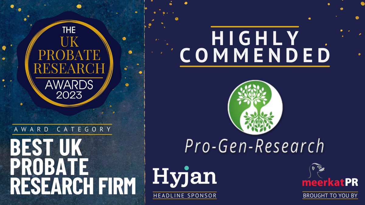 AwardsProbate's tweet photo. Last but not least, well done to the Highly Commended for 'Best UK Probate Research Firm' - @progenresearch - amazing effort as always!π
#Probies2023 #PRA2023 https://t.co/NaLt8wBzdf