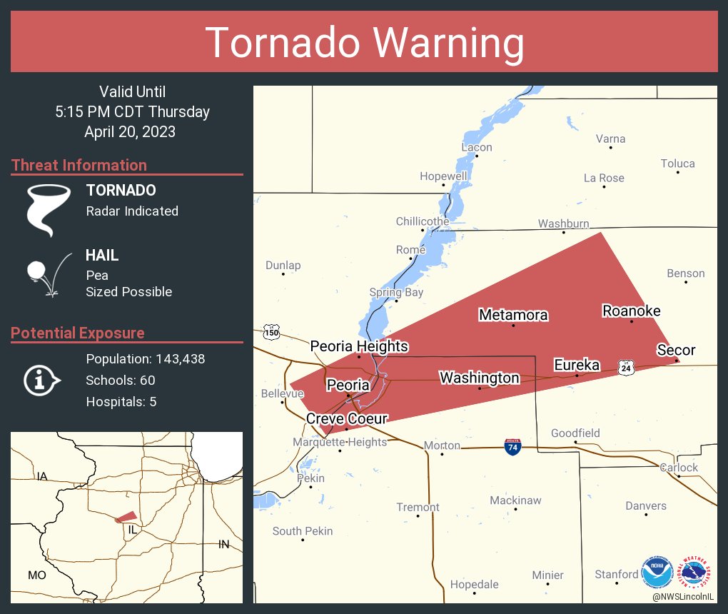 NWSLincolnIL's tweet photo. Tornado Warning including Peoria IL, East Peoria IL and  Washington IL until 5:15 PM CDT https://t.co/wKD89dEFli