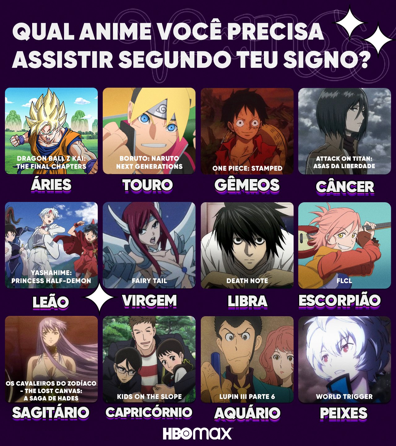 HBO Max Brasil on X: Os astros estão alinhados para que você passe a  semana maratonando seu anime do coração. ✨ Qual é o seu fav?   / X