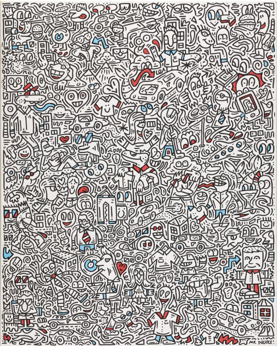 InternationalAA's tweet photo. Mr Doodle's art is characterized by a tightly packed and visually overwhelming arrangements of letters, forms, symbols, and recurring characters, drawn with thick black lines on white backgrounds. #MrDoodle #Doodle #ViralArt #SamCox #StreetArt https://t.co/pgJ5iAvl9t