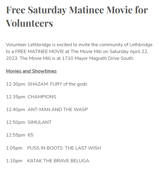 Attention volunteers! Stop by the <a href="/Moviemill/">Moviemill</a> on Saturday afternoon for a free movie courtesy of <a href="/VolunteerLeth/">Volunteer Lethbridge</a>. A very special thank you goes out to all volunteers this National Volunteer Week. 💙 #NVW2023 #WeavingUsTogether