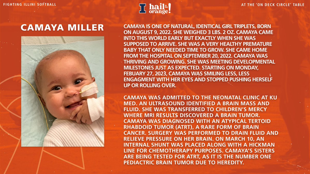 .<a href="/meade_stevie/">Stevie Meade</a>'s niece, Camaya Miller, was diagnosed with ATRT earlier this year.

To help support Camaya's family, you can stop by the On Deck Circle table and make a donation during any of our games this weekend!

#Illini | #HTTO | #StrikeoutCancer