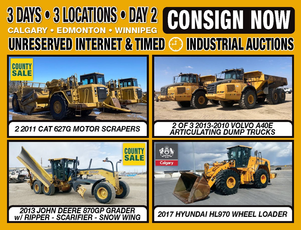 MichenerAuction's tweet photo. Michener Allen Auctioneering Ltd Next 3 Day, Calgary, Edmonton &amp; Winnipeg Public Unreserved Industrial Auctions are May 4th &amp; 5TH 2023 at 9:00 AM. Day 2 Friday May 5th Featuring Equipment &amp; Commercial Trailers info @ https://t.co/tIN2uWDQMz https://t.co/LerWVusFLI