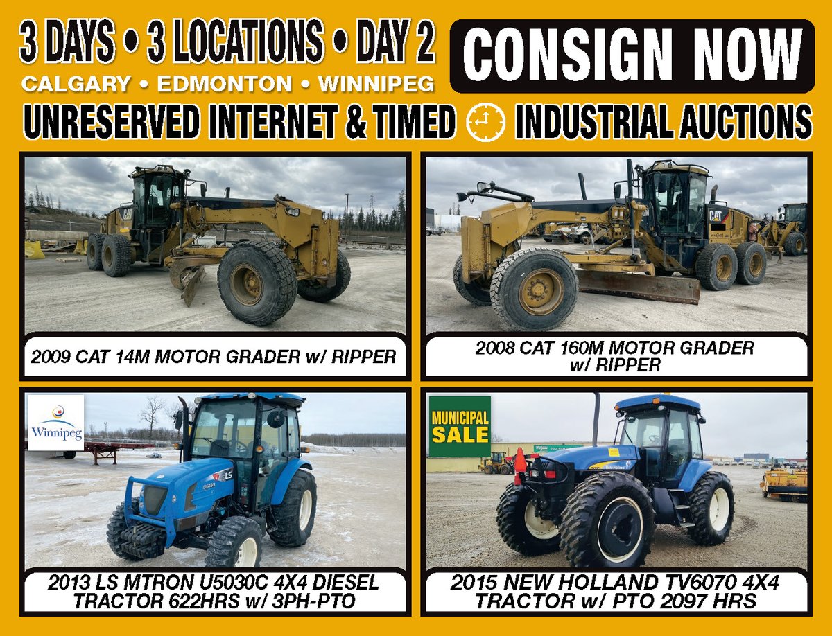 MichenerAuction's tweet photo. Michener Allen Auctioneering Ltd Next 3 Day, Calgary, Edmonton &amp; Winnipeg Public Unreserved Industrial Auctions are May 4th &amp; 5TH 2023 at 9:00 AM. Day 2 Friday May 5th Featuring Equipment &amp; Commercial Trailers info @ https://t.co/tIN2uWDQMz https://t.co/oEuXsq8zem
