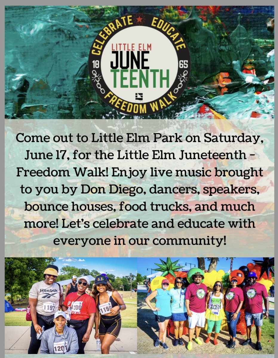 JamellForLE's tweet image. Mark your calendars for Saturday, June 17th! Little Elm will have its 2nd Annual Juneteenth celebration.

Tickets are only needed if you want a tshirt and to participate in the mimosa toast. 

Ticket link: eventbrite.com/e/little-elm-j…