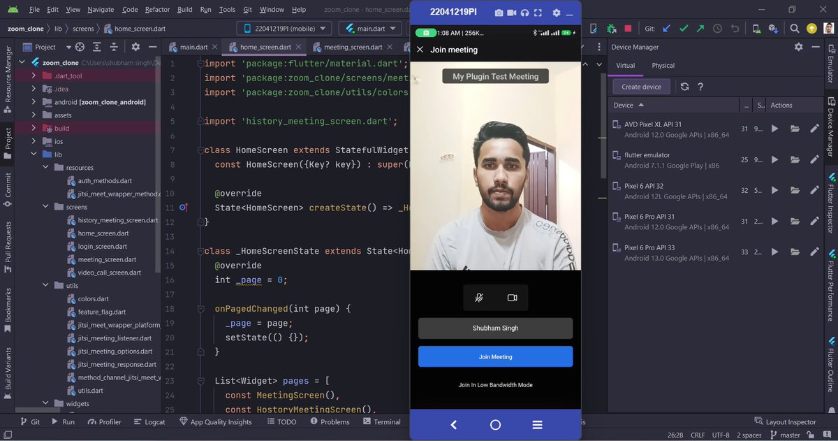 devsinghshubham's tweet photo. 🚀Exciting news!🚀 I have created a #mobileapp that clones the popular #Zoom app using #Dart and #Flutter. With features like 🎥video conferencing and #Firebase authentication, check git hub repo ! #FlutterDev #FirebaseDevelopment #MobileAppDevelopment #ZoomClone 📱💻🔥 https://t.co/O6LdBjqIlW