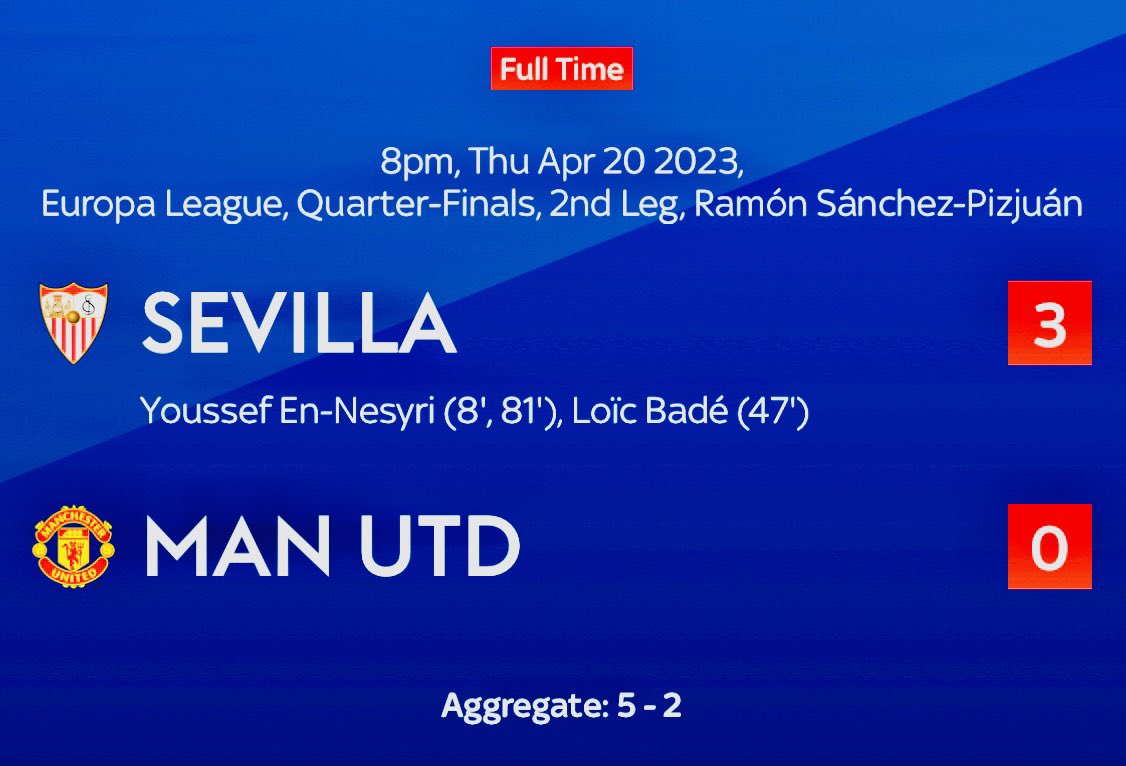 WasimMirUK's tweet photo. .@SevillaFC (#EnNesyri x2 #Badé) 3-0 [5-2 agg] @ManUTD #MUFC @UEFA #RefPerformance #8outof10 @EuropaLeague #EuropaLeague #QuarterFinal @D_DeGea #PoorPerformance @HarryMaguire93 #ShamefulPerformance @DalotDiogo #Overwhelmed @vlindelof #Outplayed @Sanchooo10 #Unfocused #TeamPoor https://t.co/JR9J1ggXaJ