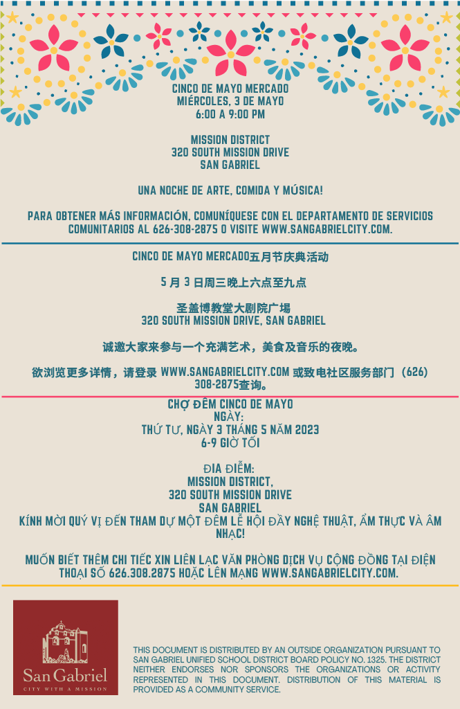 Join us for San Gabriel's Cinco de Mayo Mercado celebration on May 3 from 6pm to 9pm in the Mission District!🪅🎉 For more event info, visit SanGabrielCity.com/Cinco. #CincoDeMayo