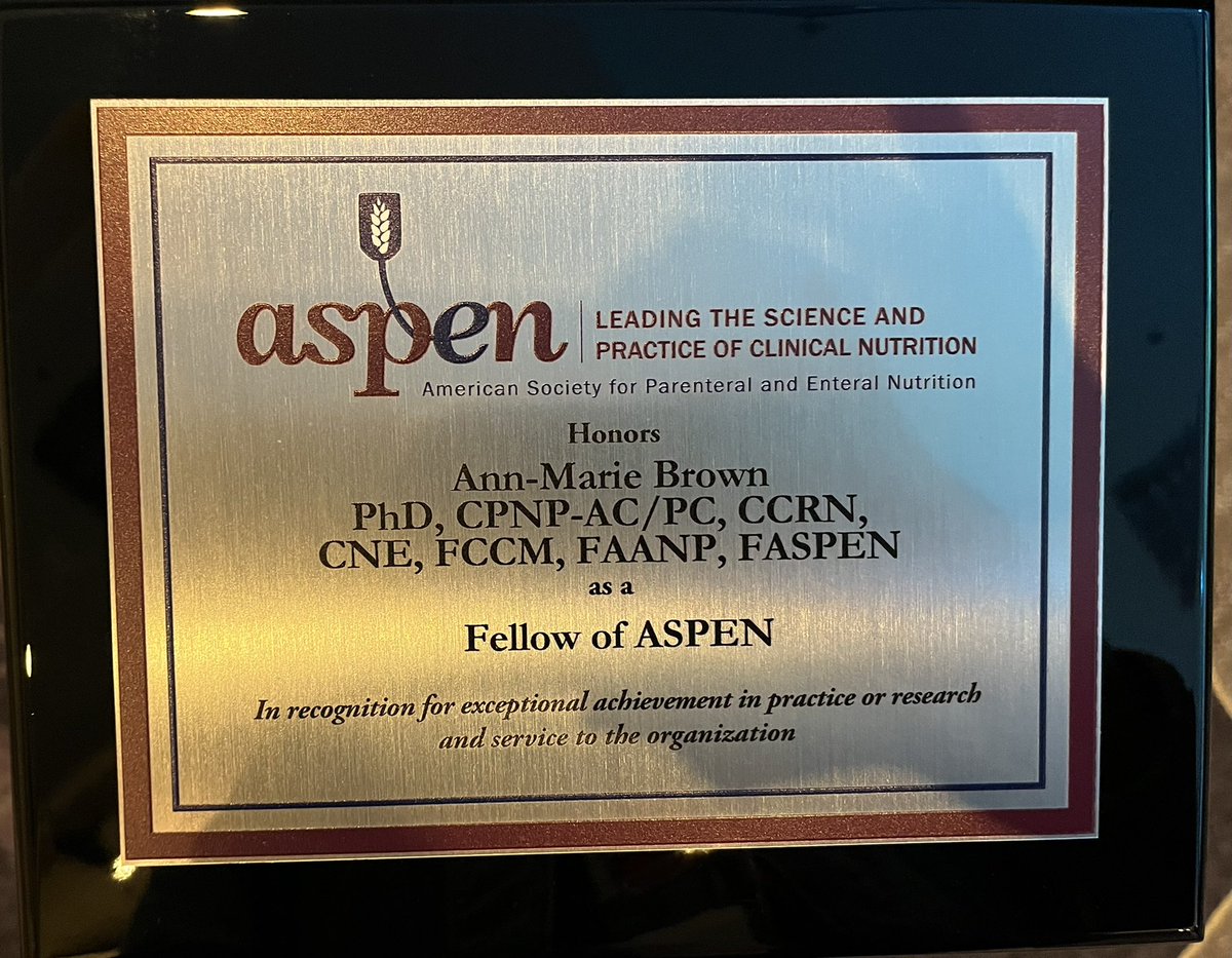 Proud to be selected as a Fellow of @ASPEN_nutrition (FASPEN). Grateful for opportunities to serve in this interprofessional organization focused on #nutritionsupport to improve patient outcomes. 

#ASPEN23 #PICUNutrition #NutritionMatters #PedsICU