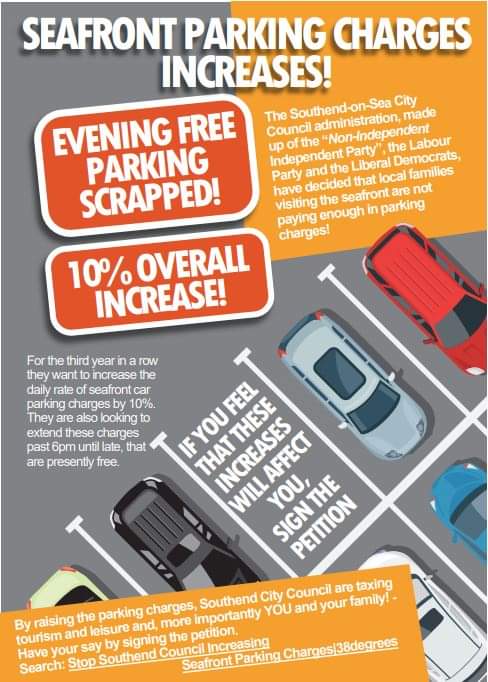 oracle_essex's tweet photo. Seafront Parking Charges Increases!

For the 3rd year in a row @SouthendCityC want to increase the daily rate of seafront car parking charges by 10%. 

Have your say by signing the petition to by visiting - https://t.co/42Qc3fvhk3

#Southend #HaveYourSay #PetitionTime https://t.co/ntg4K6nxvl