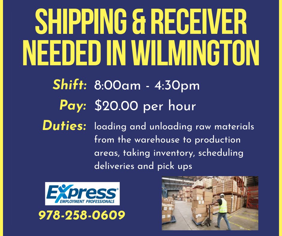 WE'RE LOOKING FOR A SHIPPER AND RECEIVER! CALL US TODAY IF YOU ARE INTERESTED!
WE'RE OPEN MONDAY TO FRIDAY! 8AM - 5PM

Express Employment North Andover
451 Andover Street
STE 330
North Andover,MA 01845
T: 978-258-0609
