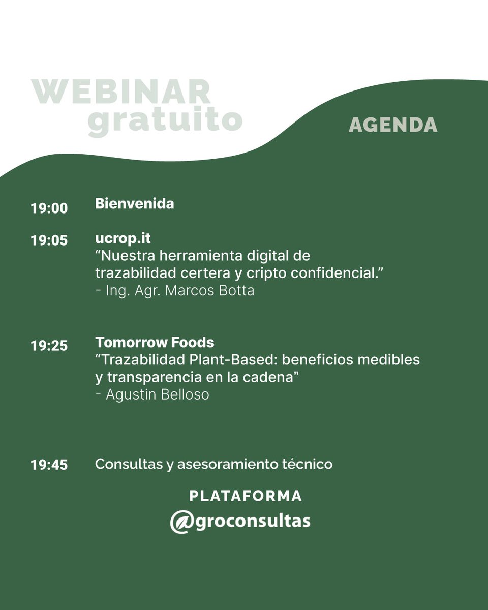 Les presentamos nuestro webinar con <a href="/TomorrowFoods/">Tomorrow Foods</a>: "De la Tierra al Plato". 
Unite el 🗓️04 de mayo a las ⌚19:00 pm para enterarte más sobre la trazabilidad y transparencia de la proteína vegetal 🍔🌱¡Conoce más, potencia tus cultivos!
Regístrate aquí: hubs.ly/Q01MfZjX0