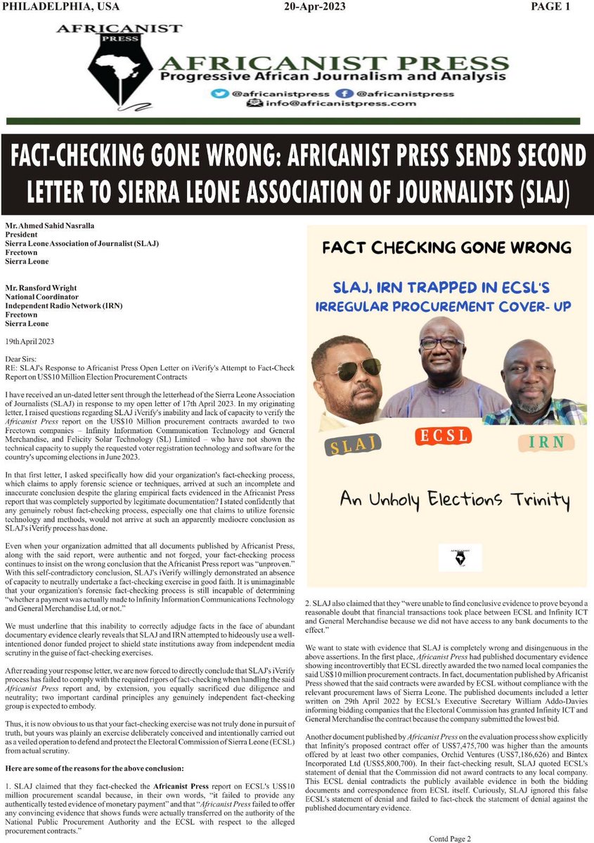 africanistpress's tweet photo. #AfricanistPress provides again this documentation, hoping it will help ⁦@SLAJ_Salone⁩ fact-check and verify the details of the ECSL US$10M report.⁦@UNDPSierraLeone⁩ ⁦⁦@USEmbFreetown⁩ ⁦@StateDept⁩ ⁦@UKinSierraLeone⁩ ⁦⁦@LisaJChesney⁩ https://t.co/fF3dvYG0FZ