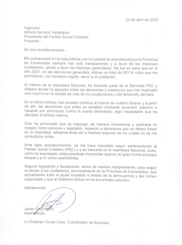 🔴#AHORA | El asambleísta @Javier_Ortiz6 abandonó la @BancadaPSC, y anunció que actuará de forma independiente. “En el último tiempo han existido cambios al interior de nuestro bloque, y a partir de ahí, las decisiones que antes se tomaban mediante acuerdos, pasaron a hacerse por