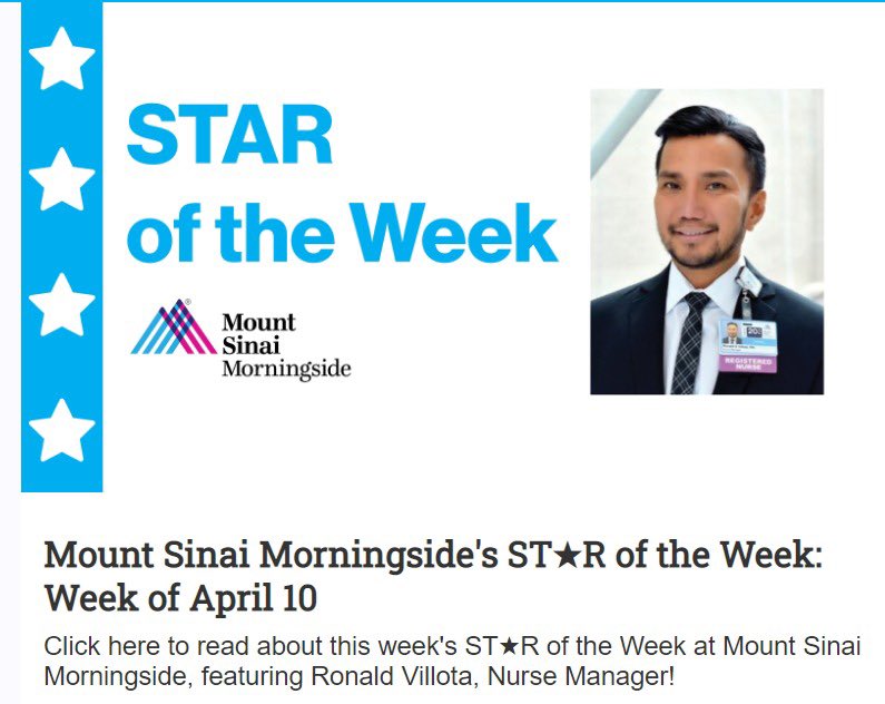 ANOTHER #STARoftheweek ⭐️from Sty-6! Our one and only, Ronald Villota! This recognition is a no-brainer, what our unit has achieved is all because of his exceptional leadership! @mcrsinanan @KathleenPDory2 @BethOliverVP @kellyanne1654 @MichelleDunnRN @MSMorningside @MountSinaiNYC