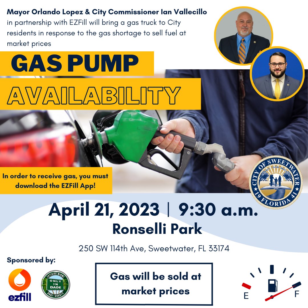 In response to the recent gas shortage, I, alongside <a href="/Commish_Ian/">Commissioner Ian Vallecillo</a>, have partnered with <a href="/ezfillgas/">EzFill Gas Delivery</a> to bring a gas truck to City residents to sell fuel at market price tomorrow at Ronselli Park!

To receive gas, you must download the EZFILL App 🙌

#gasshortage