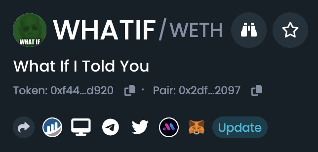 whatiftoken's tweet photo. #DEXTOOLS has updated our social info! 

Another step to escape the matrix has been accomplished!

https://t.co/w0cNxpsx72

#pepe #pepebnb #wojak #aped #chad #ftx #meme #matrix #btc #eth #sol #crypto #community #dextools #ethereum #bitcoin #whatif #whatifitoldyou https://t.co/OT9hfiiPqD
