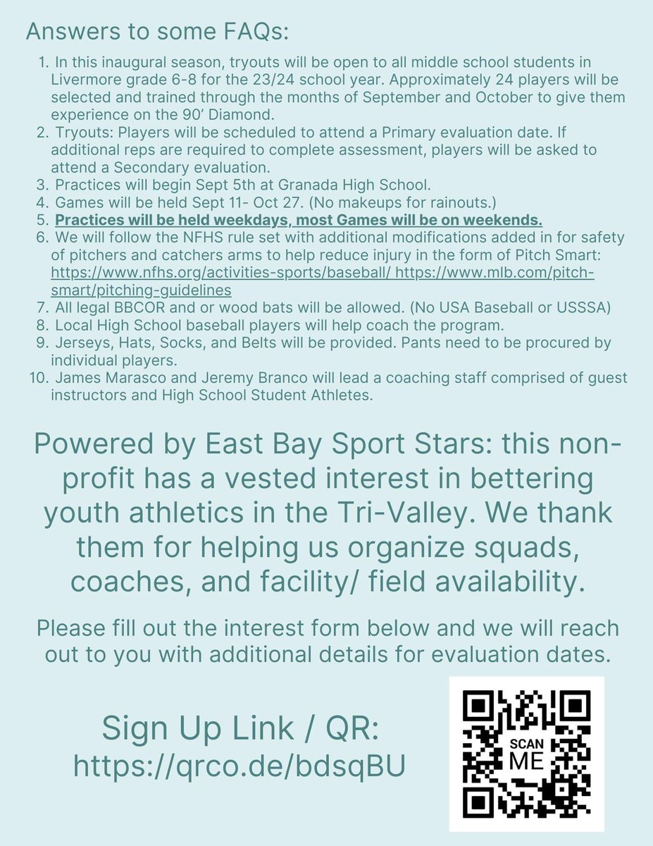 BaseballCoachin's tweet photo. Middle School League Baseball in Livermore Fall 2023! 

James Marasco and Jeremy Branco will lead a coaching staff comprised of guest instructors and High School Student Athletes.
 
Powered by East Bay Sport Stars

Sign Up Link / QR:
https://t.co/LnTFzFlGOV https://t.co/7hCkBOOopN
