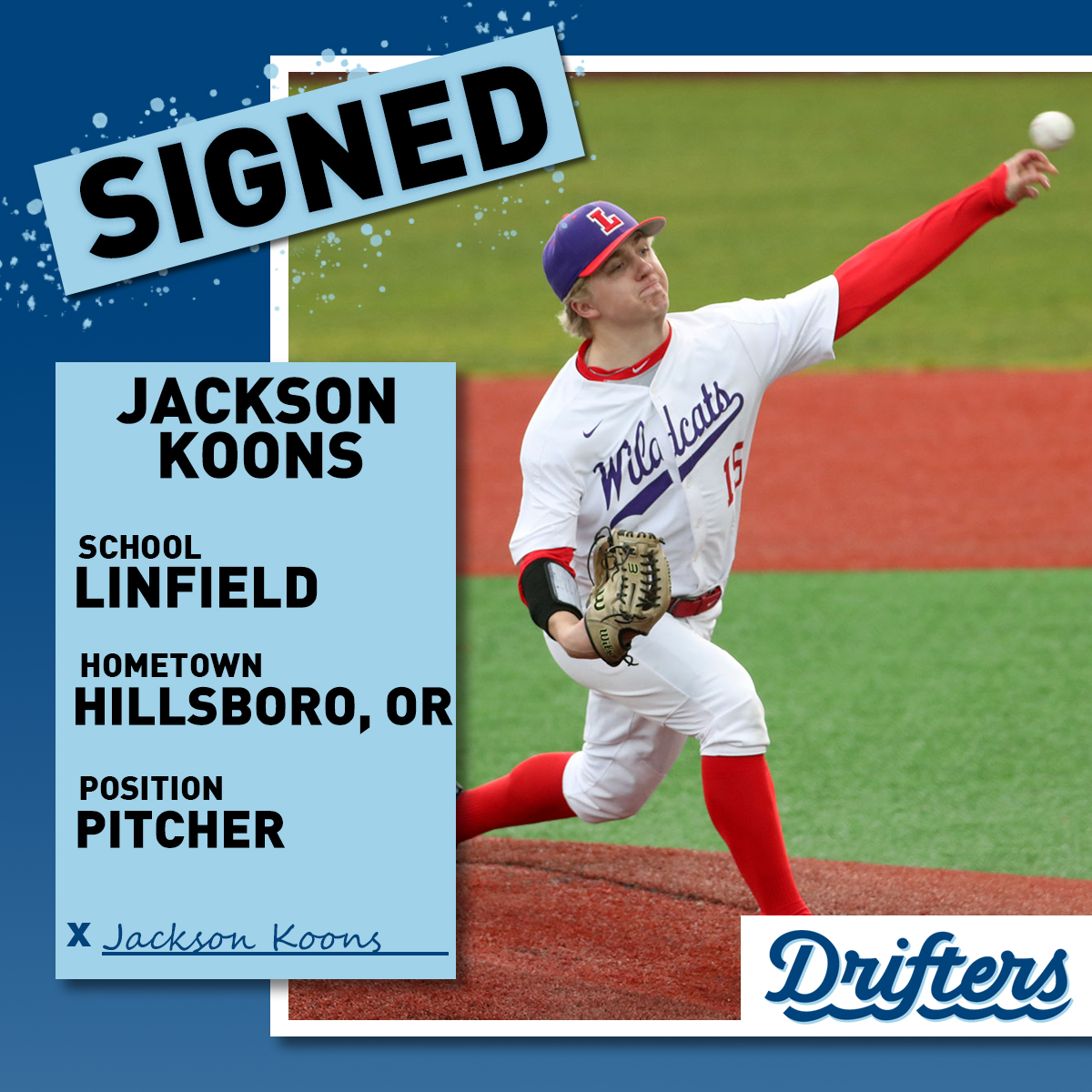 driftersbball's tweet photo. PLAYER ANNOUNCEMENTS: Eli Holbert (@evccbaseball) and Jackson Koons (@linfieldbsb)!

Jackson is a left handed pitcher and joins us from Linfield!

Eli comes to the Drifters by way of Everett CC, where he has a career 1.99 ERA since 2022.

#getdrifty 🌊 https://t.co/e7COlDM8LI