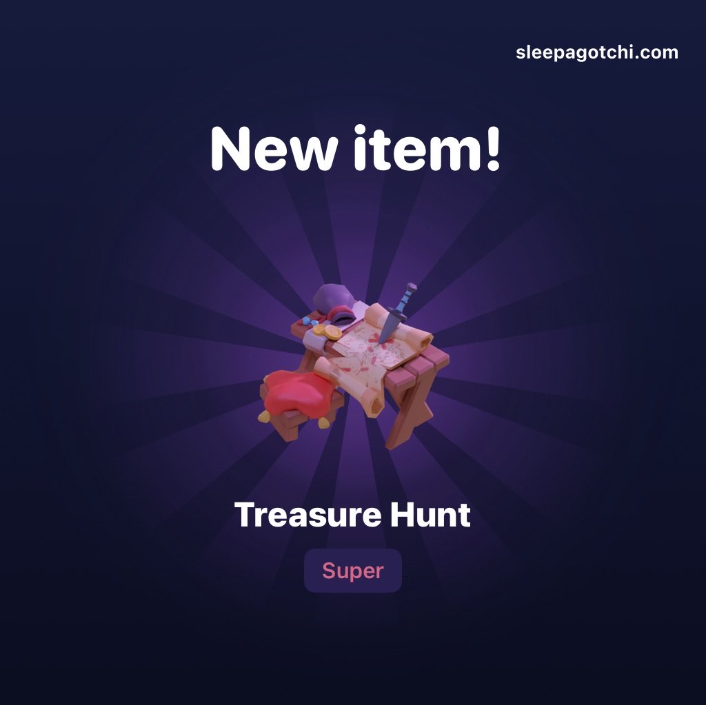 I dropped a Super Setting “Treasure Hunt“ today in #Sleepagotchi. Chances of that item dropping are 0.16%