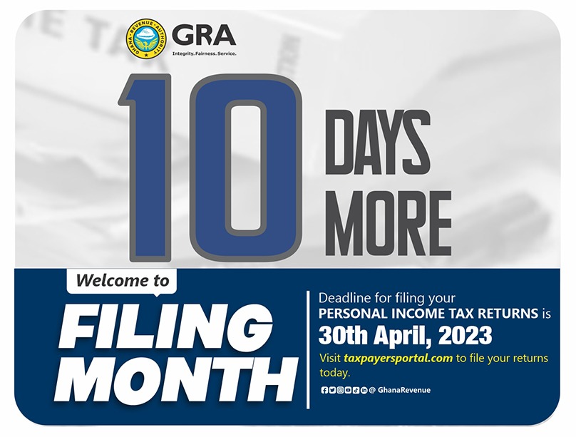 GhanaRevenue's tweet photo. 10 days More, File before 30th April, 2023 #PIT #GhanaRevenue #FileReturns #incometax #taxreturns #Tax https://t.co/8OTMf8eBcx