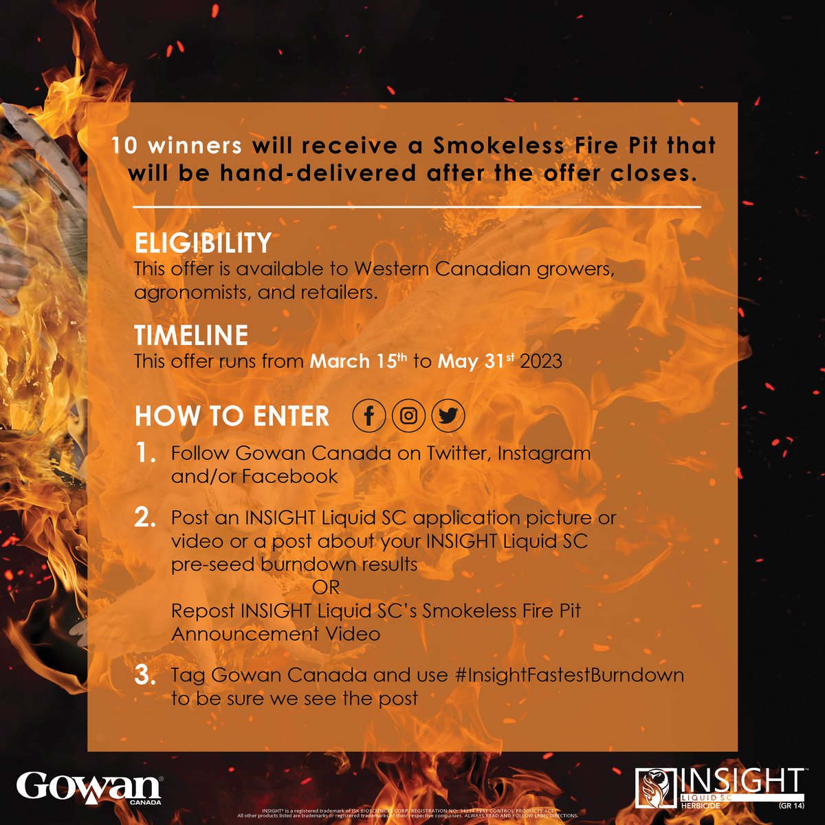 gowancanada's tweet photo. Just in case you missed it! Enter for your chance to take home a smokeless firepit sponsored by Insight Liquid SC Herbicide from Gowan Canada. 
.
Swipe for the details or follow the link below 👇 
https://t.co/uJ1sgsGsYx https://t.co/i6CjbxfZYx