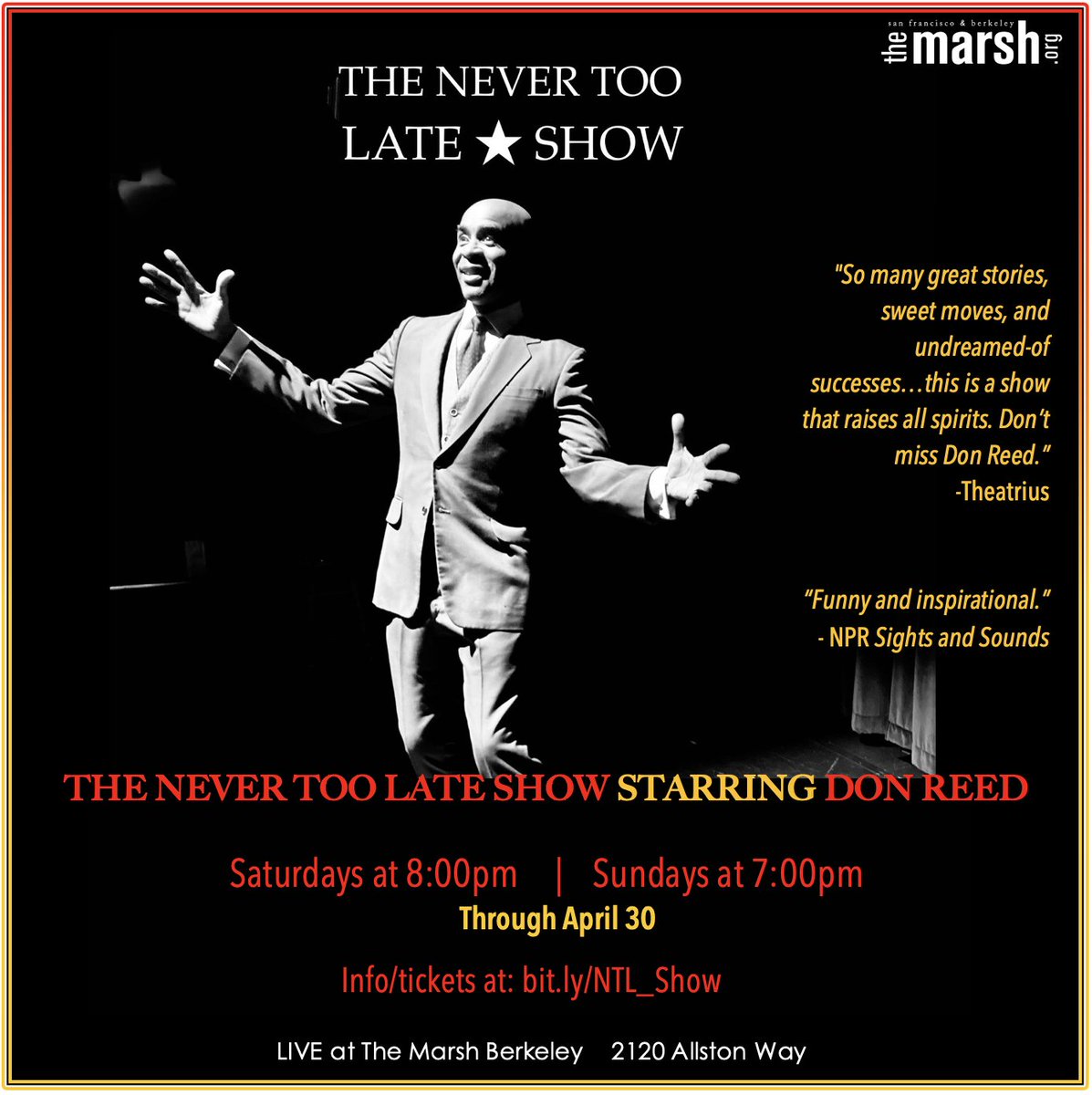 ILoveTheMarsh's tweet photo. Let @donreedwow lift you up— THE NEVER TOO LATE SHOW's tales of resilience at #TheMarshBerkeley are inspiring fans everywhere on SATURDAYS at 8pm and SUNDAYS at 7pm.
Get $15 tix w/ code "Celeb15" at: https://t.co/UZ8GTKtlpV
#resilience #nevergiveup https://t.co/VXcbuKgSaK