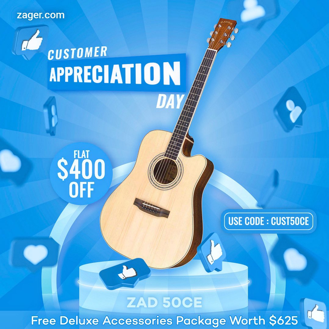 Our #Zager #CustomerAppreciationDay Sale is still going! Don’t pass up these great deals like $400 OFF our ZAD50CE model 💙 Shop sale at: zagerguitar.com/customer-appre… 👍 Get a FREE Accessories Pack with every purchase! #zagerguitar #guitar #guitars #guitarsale #acousticguitar #sale