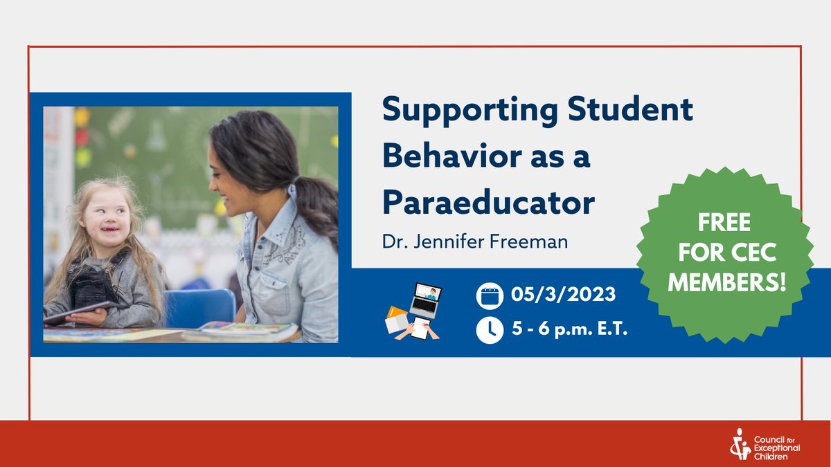 Learn effective practices for supporting student behavior as a paraeducator and strategies for implementing them in your various roles during this upcoming webinar. Free for CEC members and discounted for non-members! Register today at bit.ly/ssbpara