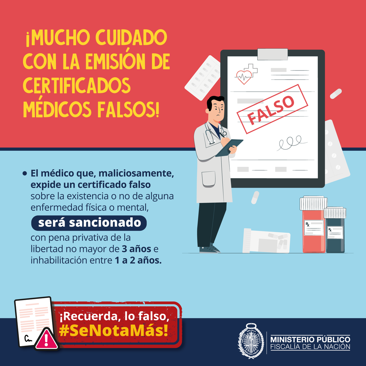 FiscaliaPeru's tweet photo. ✔¿Sabías que expedir un certificado falso es delito? El médico que, maliciosamente entregue un documento fraudulento será sancionado con pena privativa de la libertad e inhabilitación.
⚠¡Recuerda, lo falso, #SeNotaMás! https://t.co/5OWLkt9Dvs