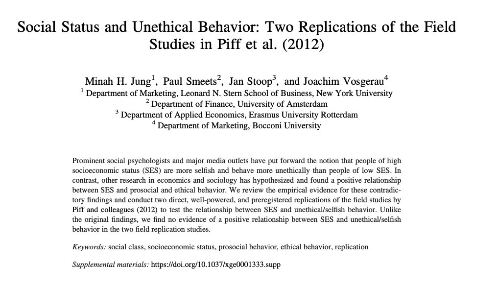 Piff et al. (2012) fails to replicate. This is the idea that higher SES people are more likely to behave unethically. researchgate.net/profile/Minah-…
