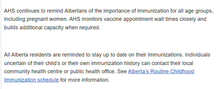 Alberta's pertussis (whooping cough) outbreak continues to grow:
126 cases so far (4 in central zone 122 in south zone)
(All new cases in south. Total 2 wks ago: 114)
Most cases in kids (ages 1-9 hardest hit)
5 kids hospitalized to date (no change)
AHS urging immunization👇